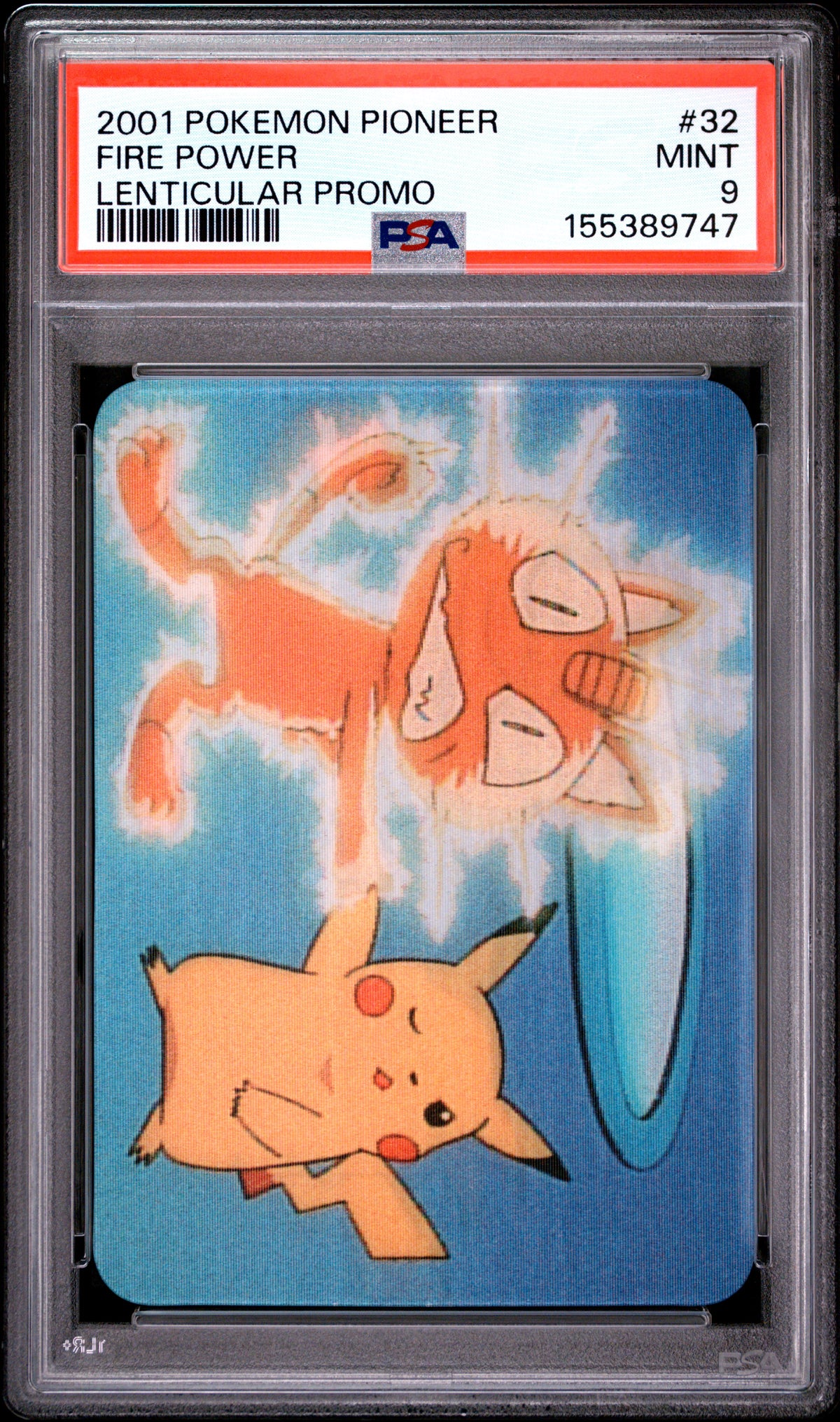 PSA 9 Pikachu, Meowth Lenticular #32 Pokemon Pioneer 2001 VIZ VHS Fire Power C47
