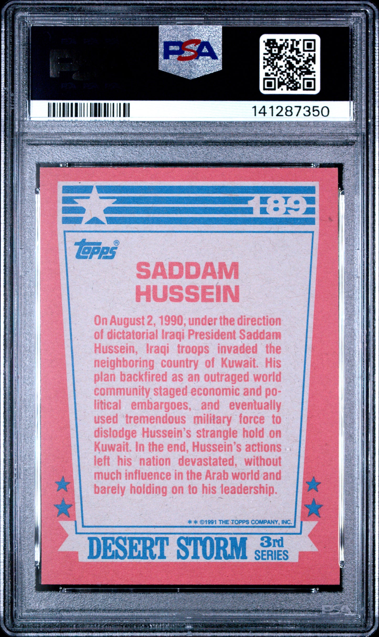 PSA 10 Saddam Hussein Rookie #189 Topps 1991 Desert Storm C50