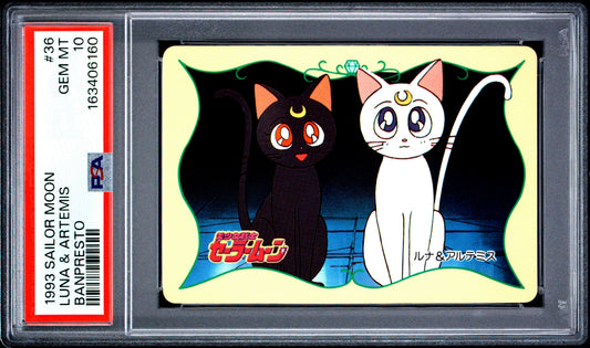 PSA 10 Luna, Artemis #36 POP 1 Sailor Moon Carddass 1993 Banpresto P2 1st ed C60