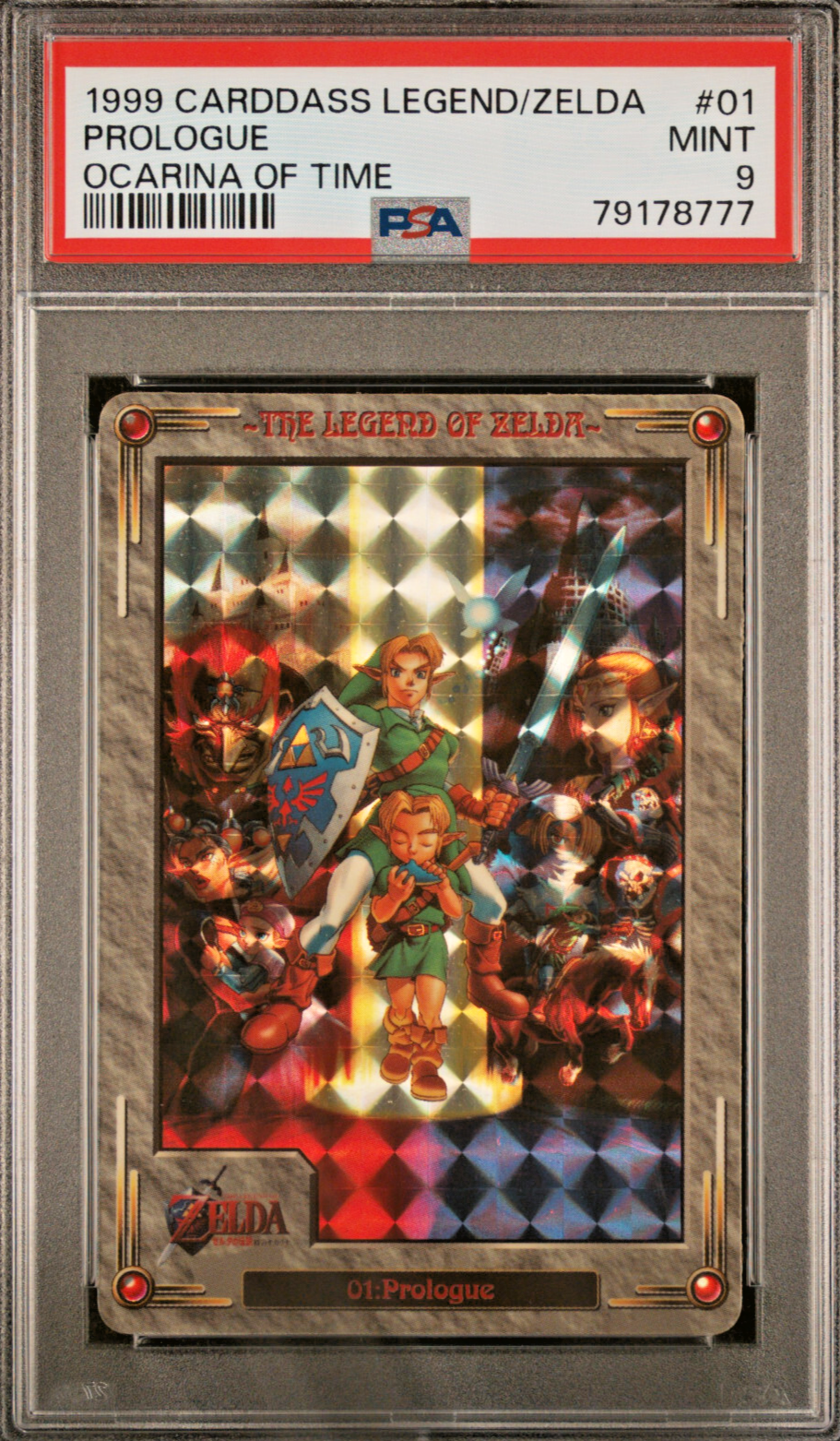 PSA 9 1999 Prologue #01 Zelda Ocarina of Time Carddass Bandai Prism Foil Card