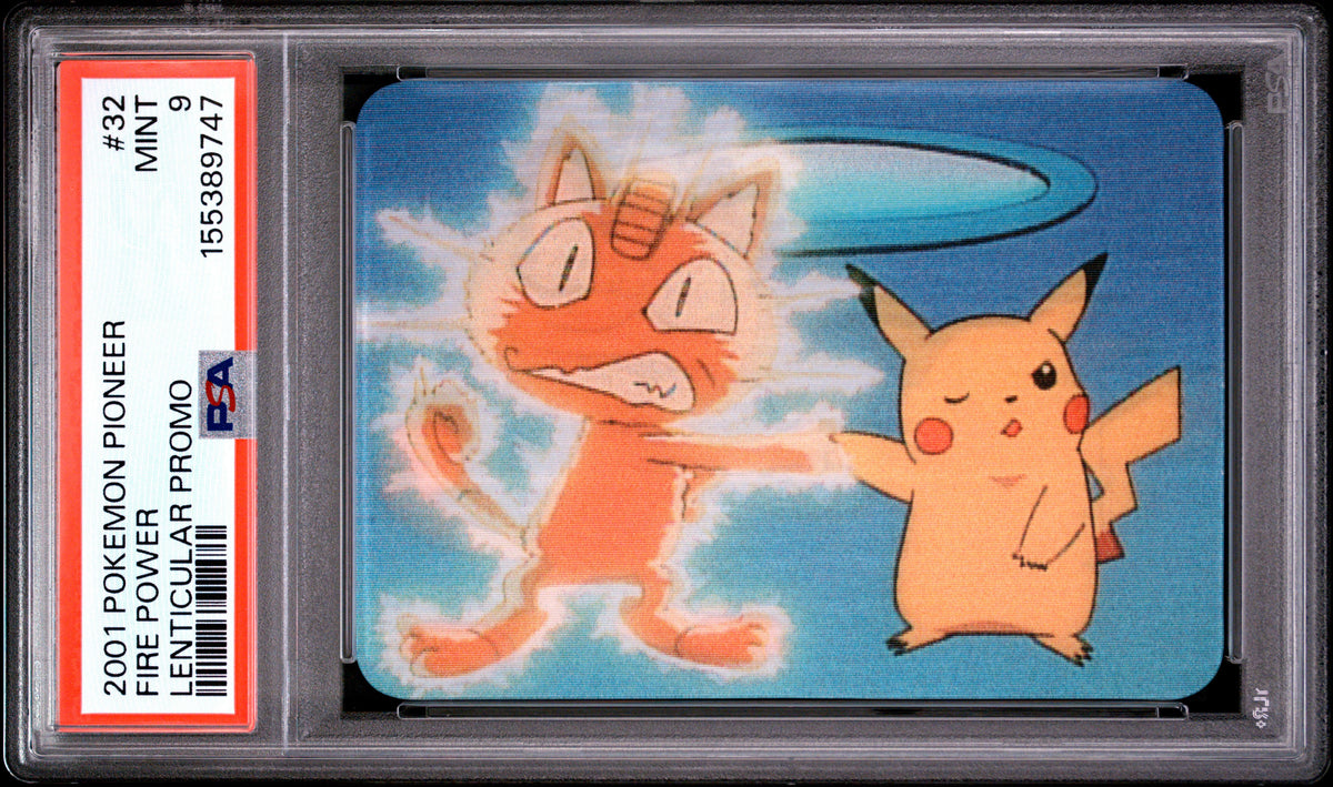 PSA 9 Pikachu, Meowth Lenticular #32 Pokemon Pioneer 2001 VIZ VHS Fire Power C47
